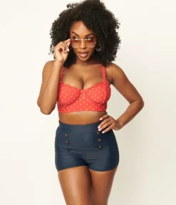 Unique Vintage Red & White Pin Dot Marlene Crop Swim Top
