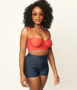Unique Vintage Red & White Pin Dot Marlene Crop Swim Top