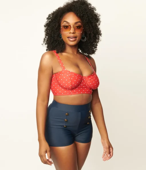 Unique Vintage Red & White Pin Dot Marlene Crop Swim Top