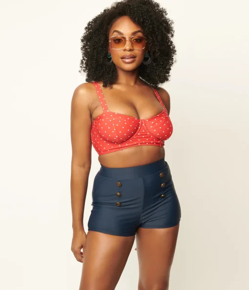 Unique Vintage Red & White Pin Dot Marlene Crop Swim Top