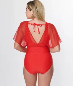 Unique Vintage Red Mesh Sleeved Torrey Swimsuit