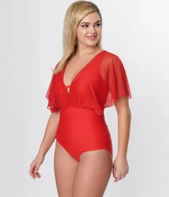 Unique Vintage Red Mesh Sleeved Torrey Swimsuit