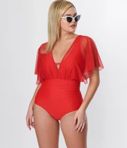 Unique Vintage Red Mesh Sleeved Torrey Swimsuit