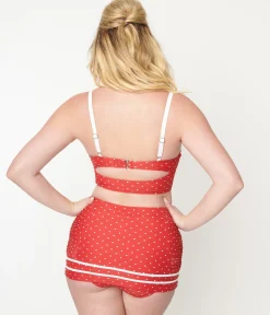 Unique Vintage Red Pin Dot Lace Up Swim Top