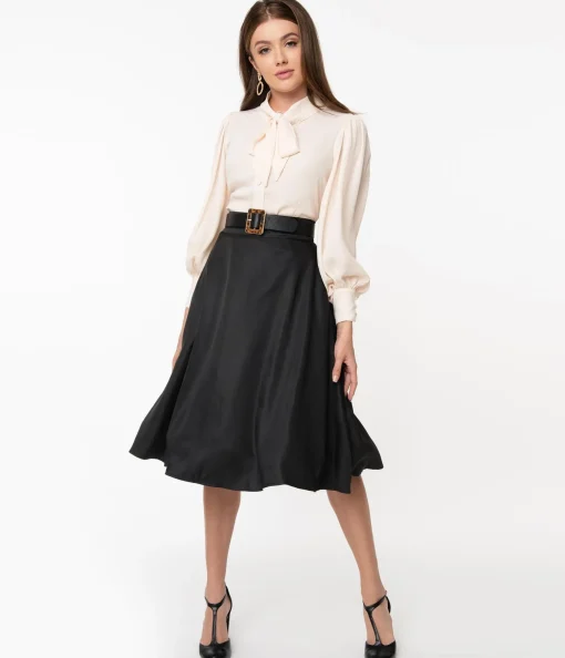 Unique Vintage Retro Style Black High Waist Vivien Swing Skirt