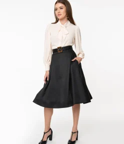Unique Vintage Retro Style Black High Waist Vivien Swing Skirt