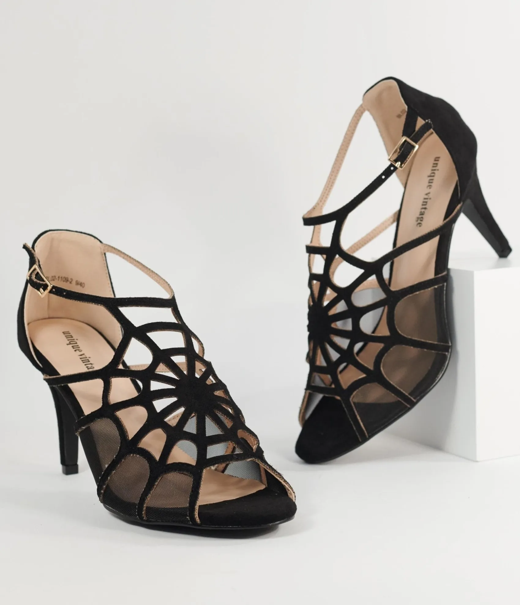 Unique Vintage 1940s Black Spider Web Heels
