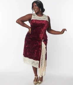 Unique Vintage 1920s Burgundy Crushed Velvet & Ivory Lace Flapper Dress
