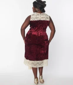 Unique Vintage 1920s Burgundy Crushed Velvet & Ivory Lace Flapper Dress