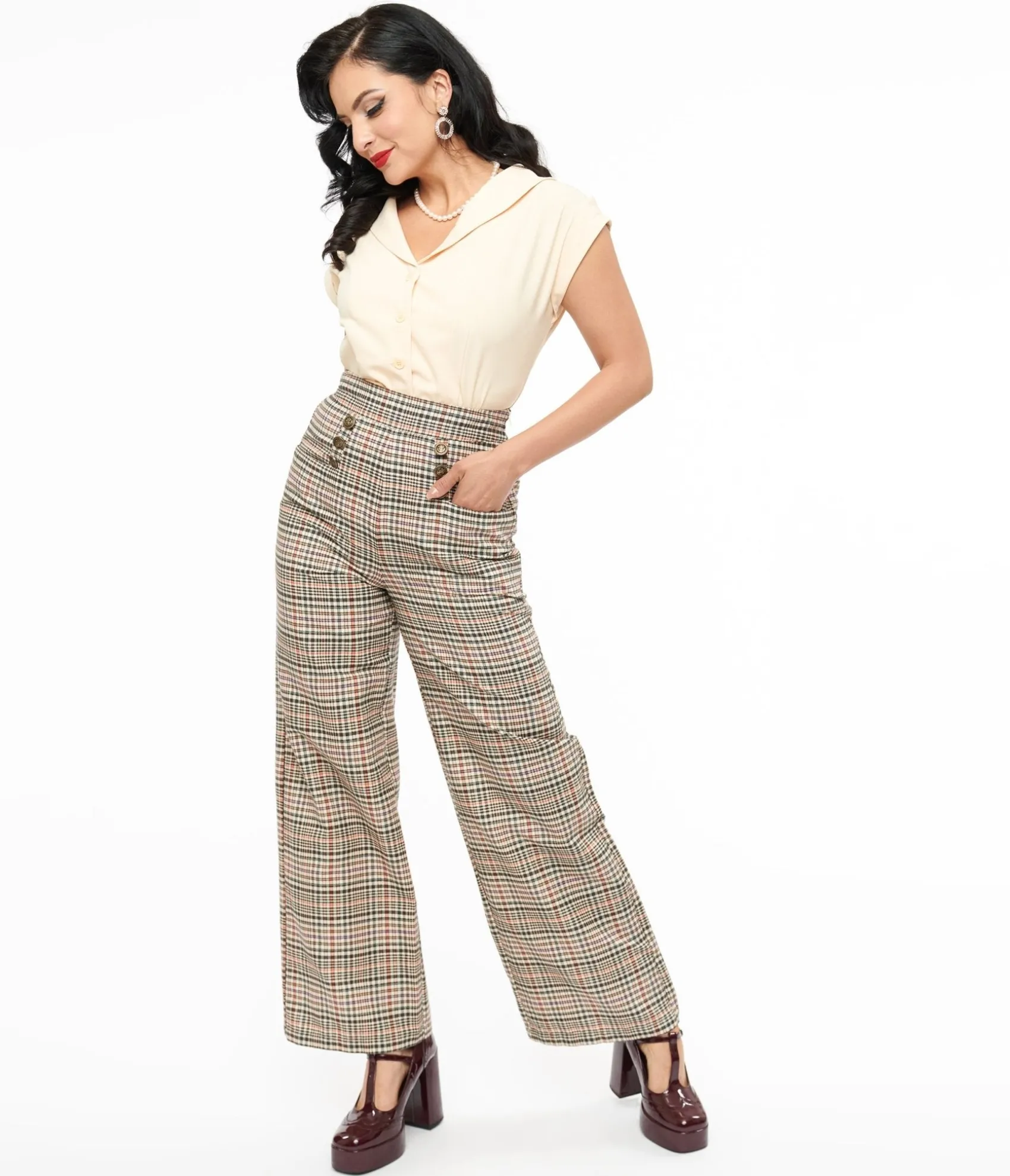 Unique Vintage 1940s Beige Plaid High Waist Sailor Ginger Pants