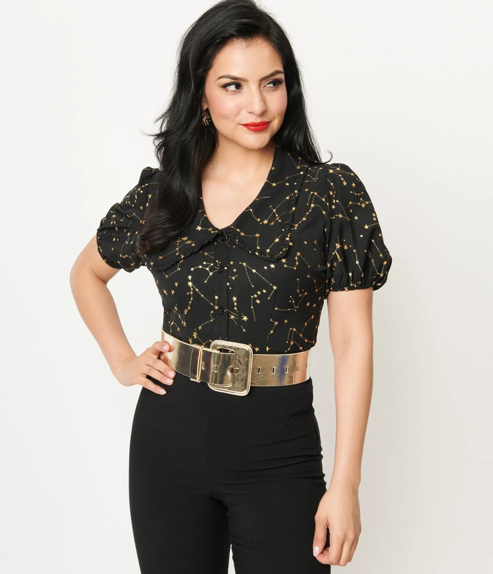 Unique Vintage 1930s Black & Gold Stars Oversized Collar Blouse