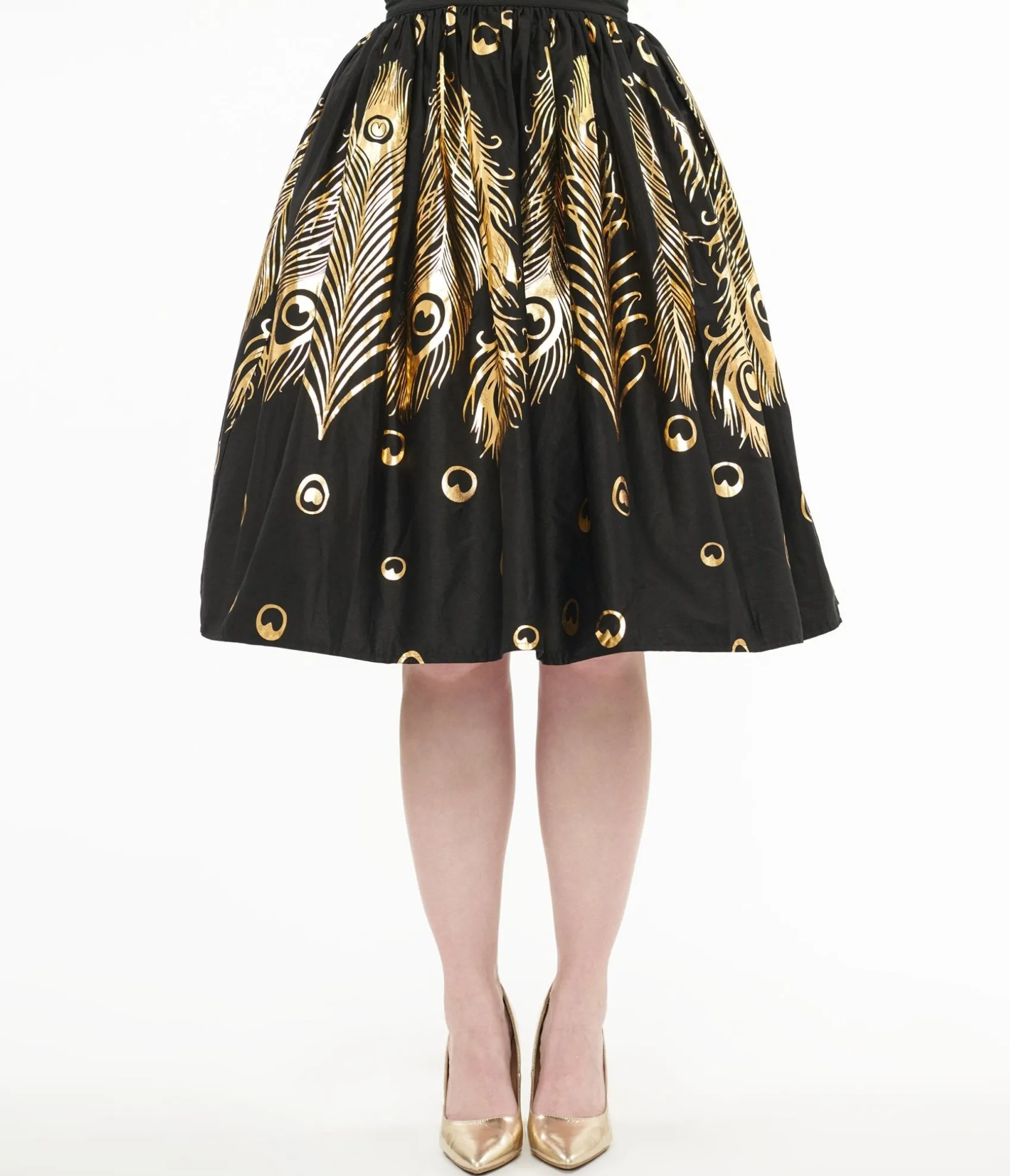 Unique Vintage 1950s Black & Gold Foil Feather Gellar Swing Skirt