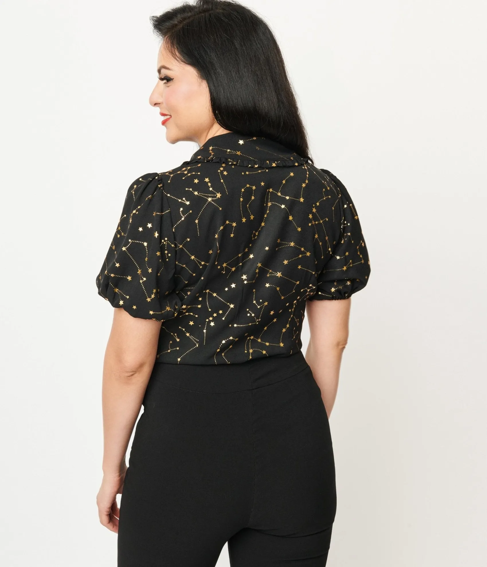 Unique Vintage 1930s Black & Gold Stars Oversized Collar Blouse