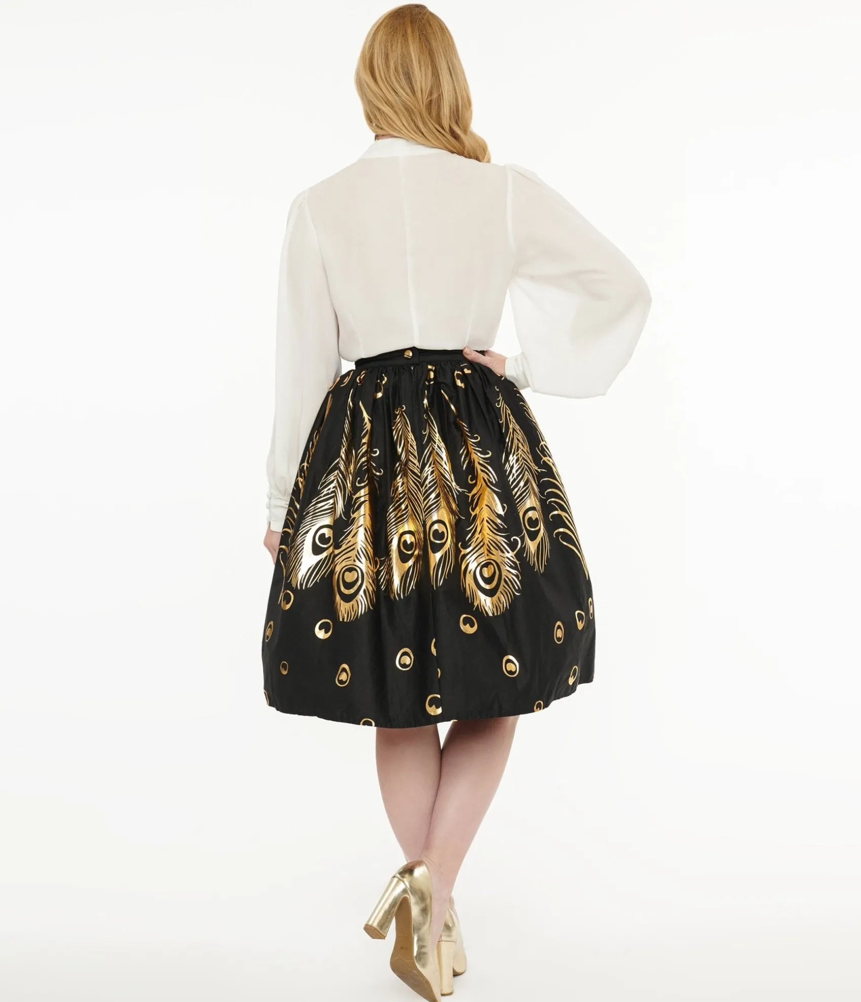 Unique Vintage 1950s Black & Gold Foil Feather Gellar Swing Skirt