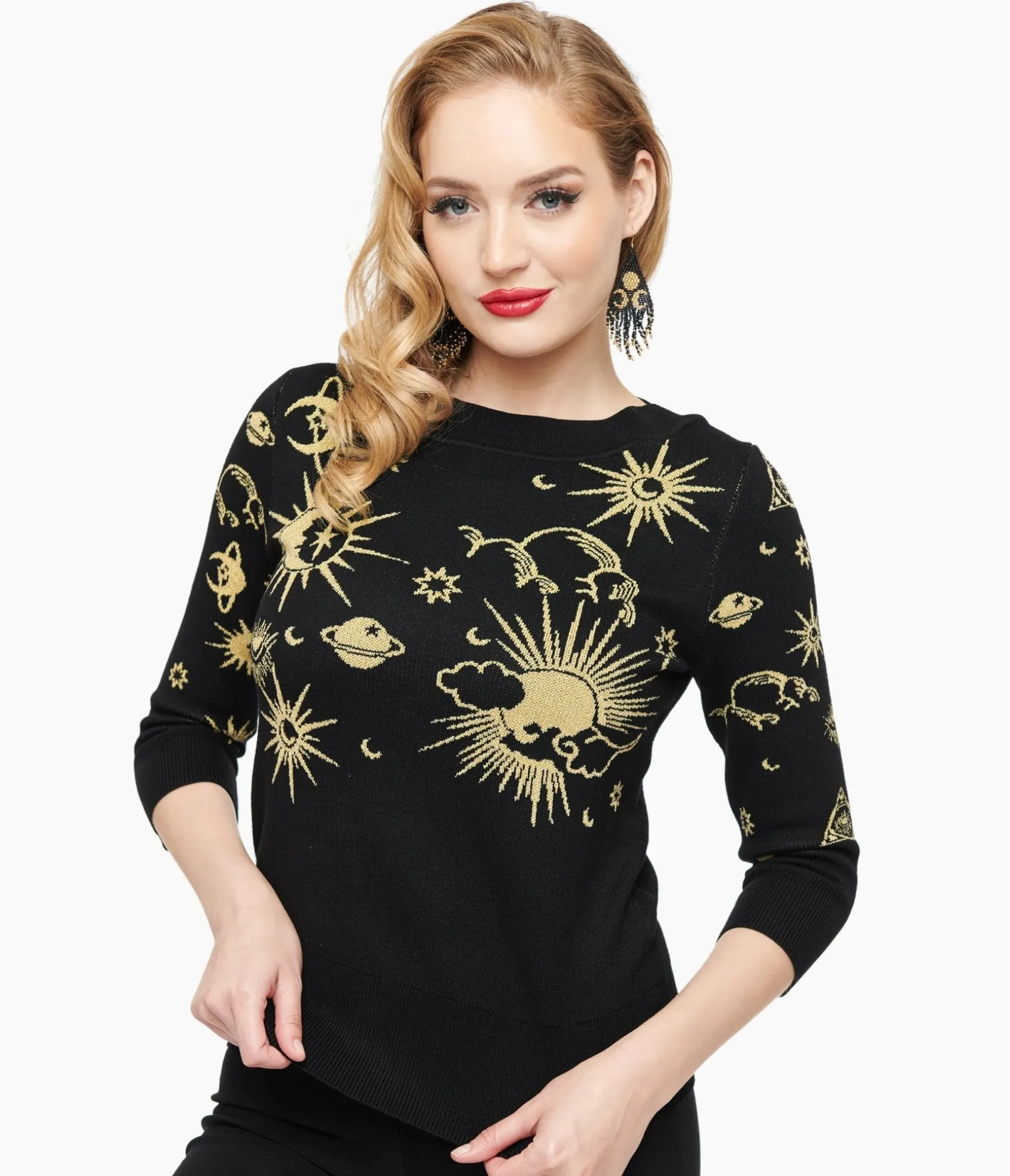 Unique Vintage 1950s Black & Gold Celestial Minou Sweater