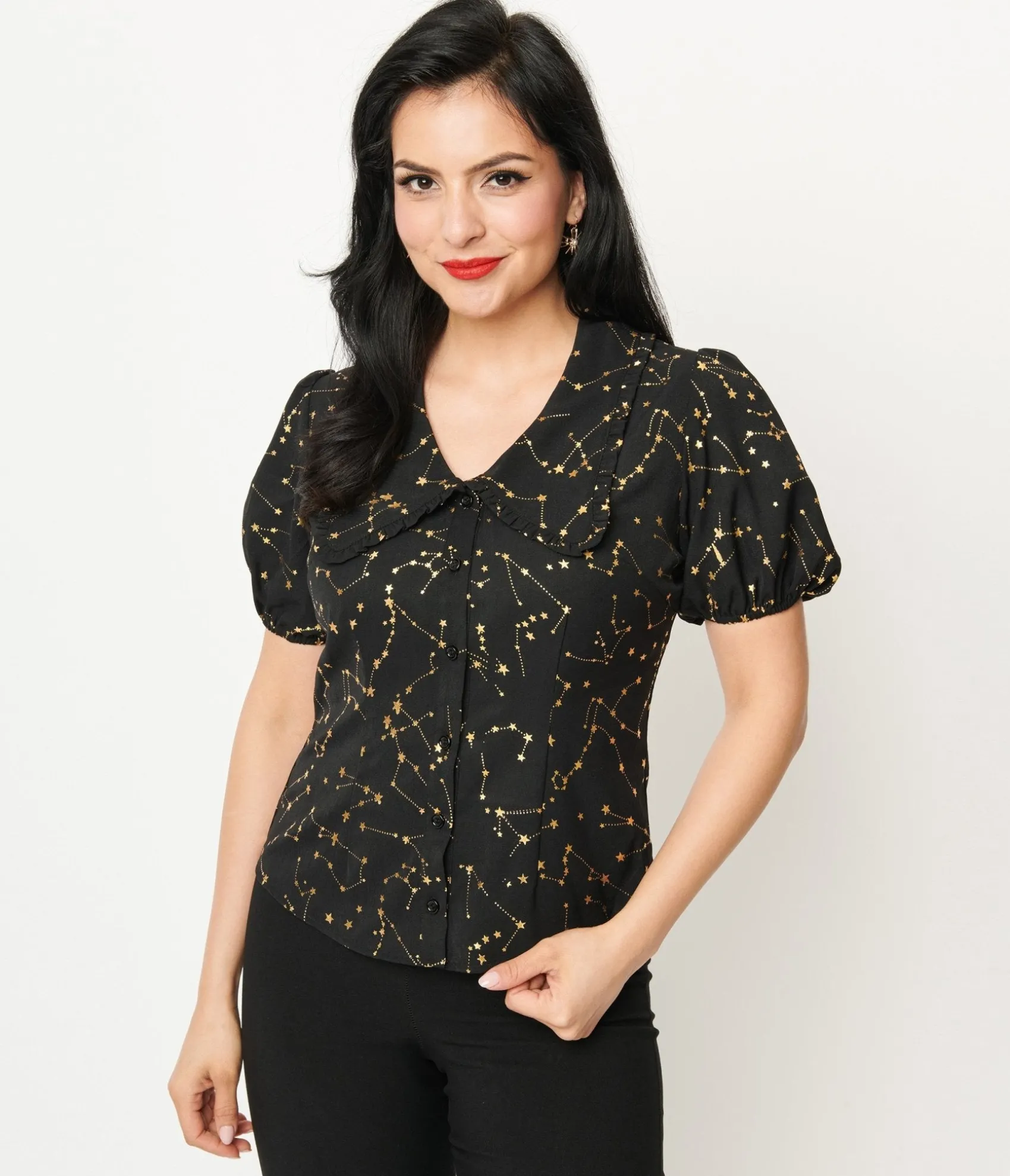 Unique Vintage 1930s Black & Gold Stars Oversized Collar Blouse