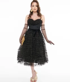 Unique Vintage 1950s Black & Gold Glitter Tulle Cupcake Swing Dress