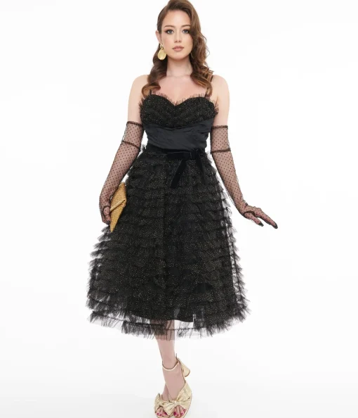 Unique Vintage 1950s Black & Gold Glitter Tulle Cupcake Swing Dress