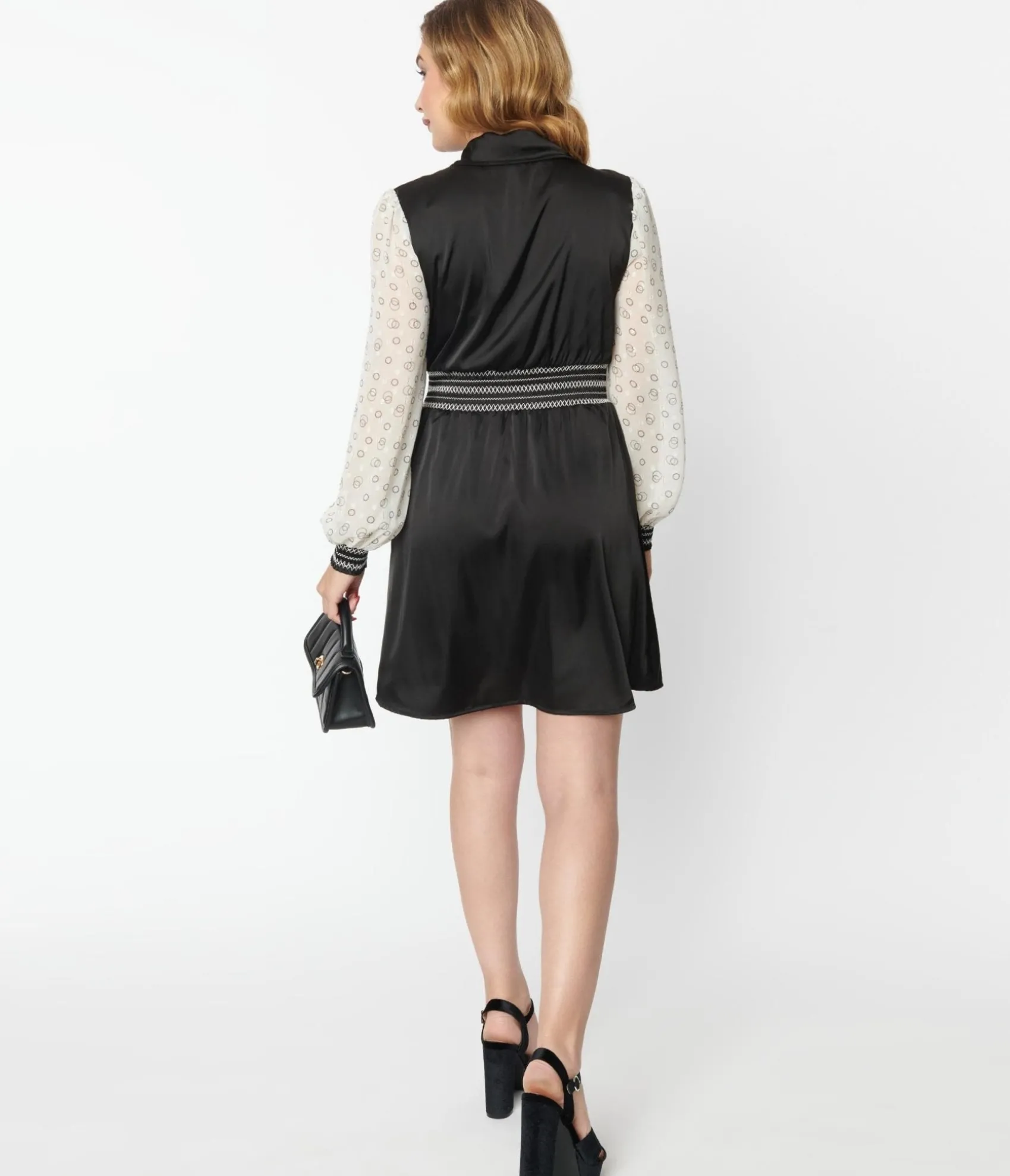 Unique Vintage 1970s Black & Ivory Neck Tie Flare Dress