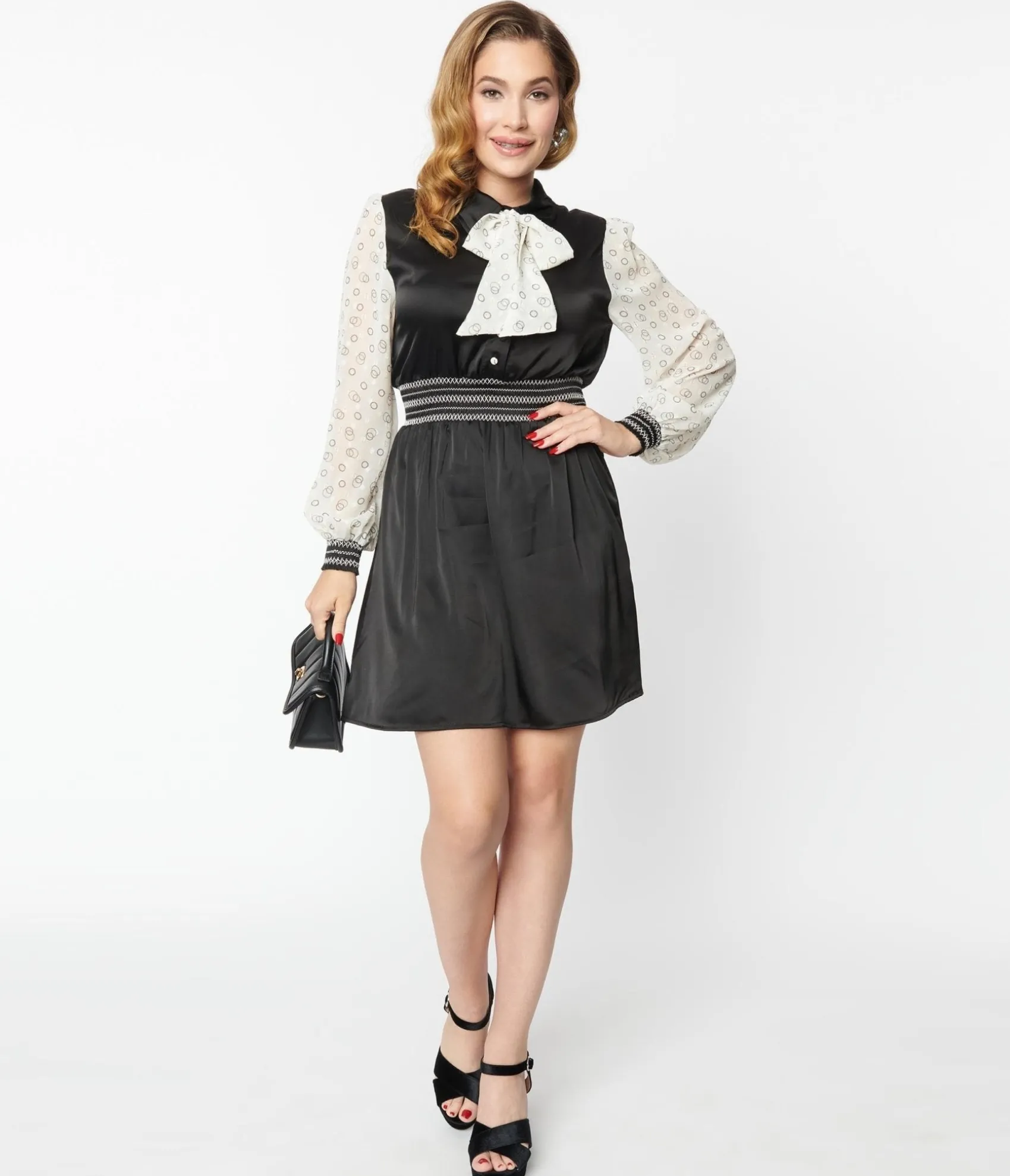 Unique Vintage 1970s Black & Ivory Neck Tie Flare Dress