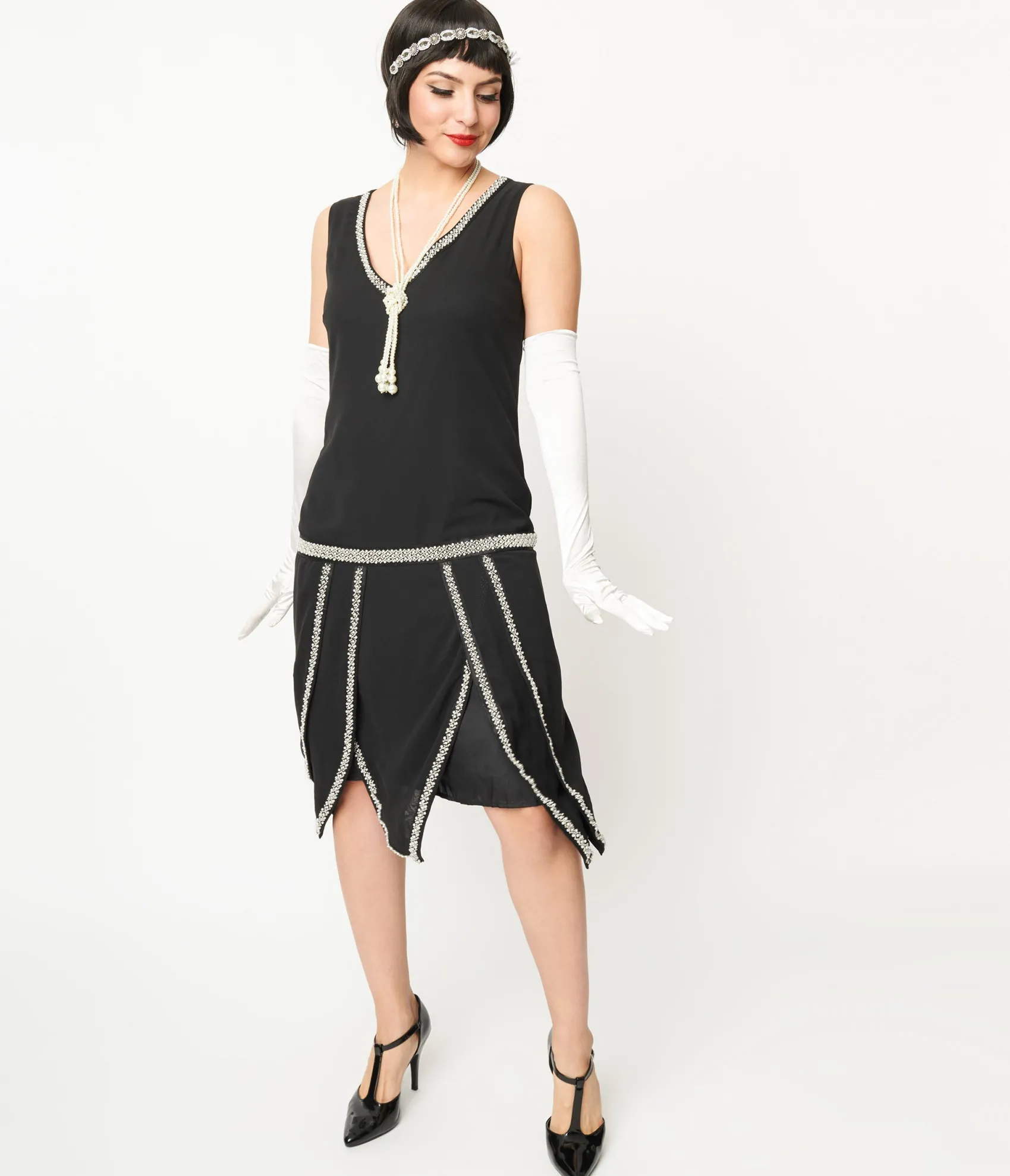 Unique Vintage 1920s Black & Pearl Beaded Petal Flapper Dress