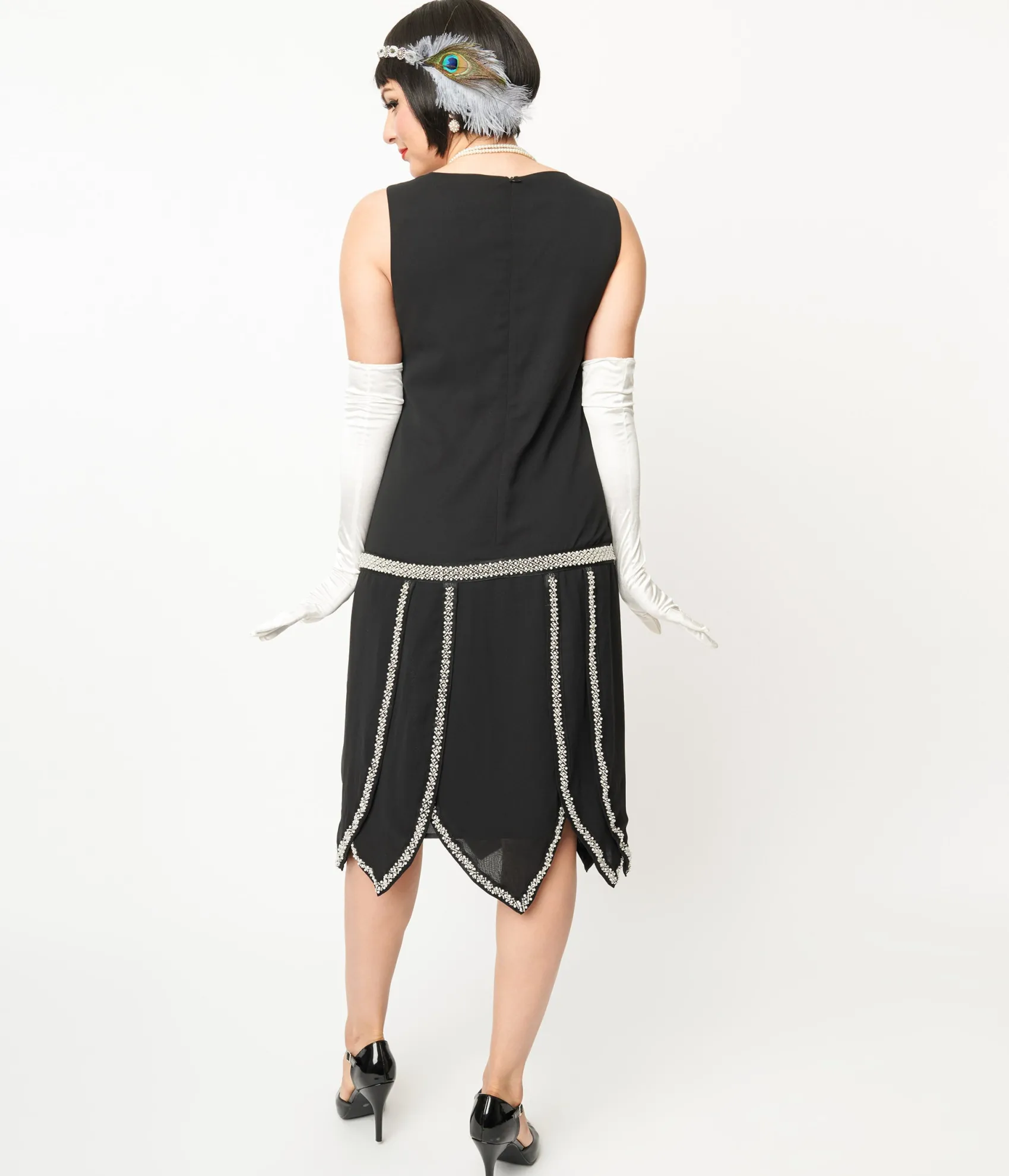 Unique Vintage 1920s Black & Pearl Beaded Petal Flapper Dress