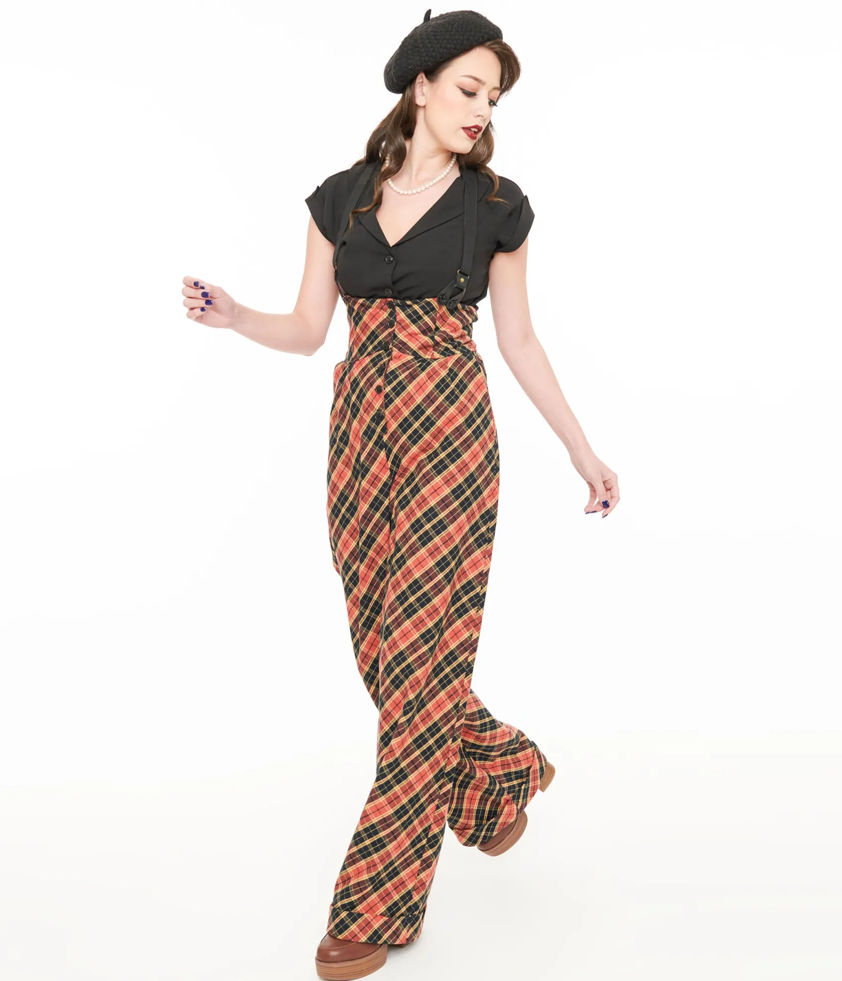 Unique Vintage 1930s Black & Rust Plaid Thelma Suspender Pants