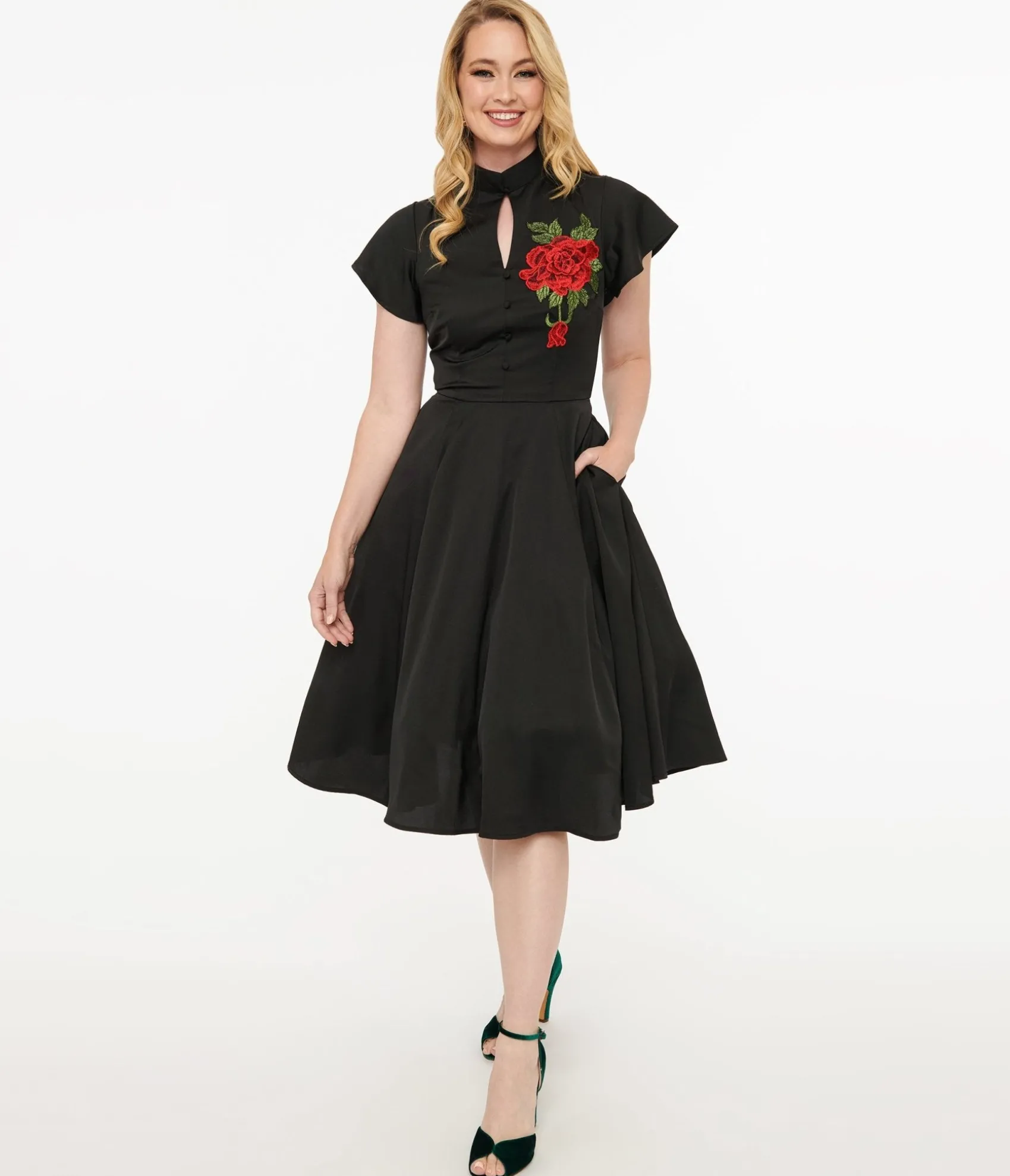 Unique Vintage 1940s Black & Red Poinsettia Baltimore Swing Dress