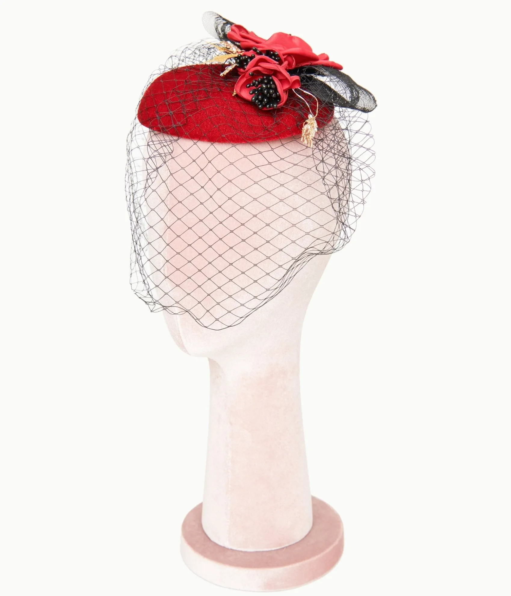 Unique Vintage 1950s Black & Red Floral Fascinator Hat