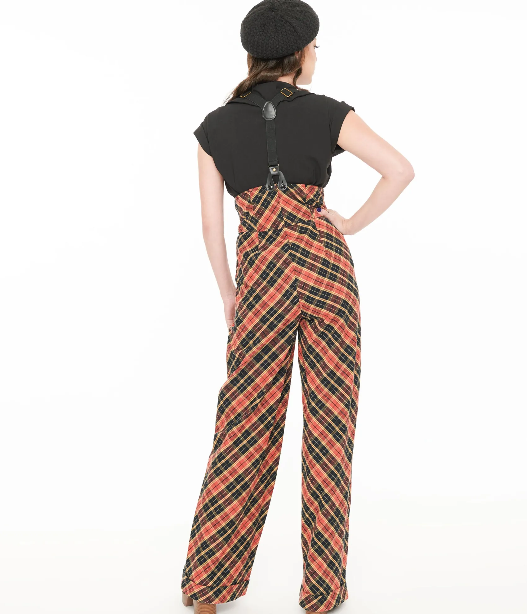 Unique Vintage 1930s Black & Rust Plaid Thelma Suspender Pants