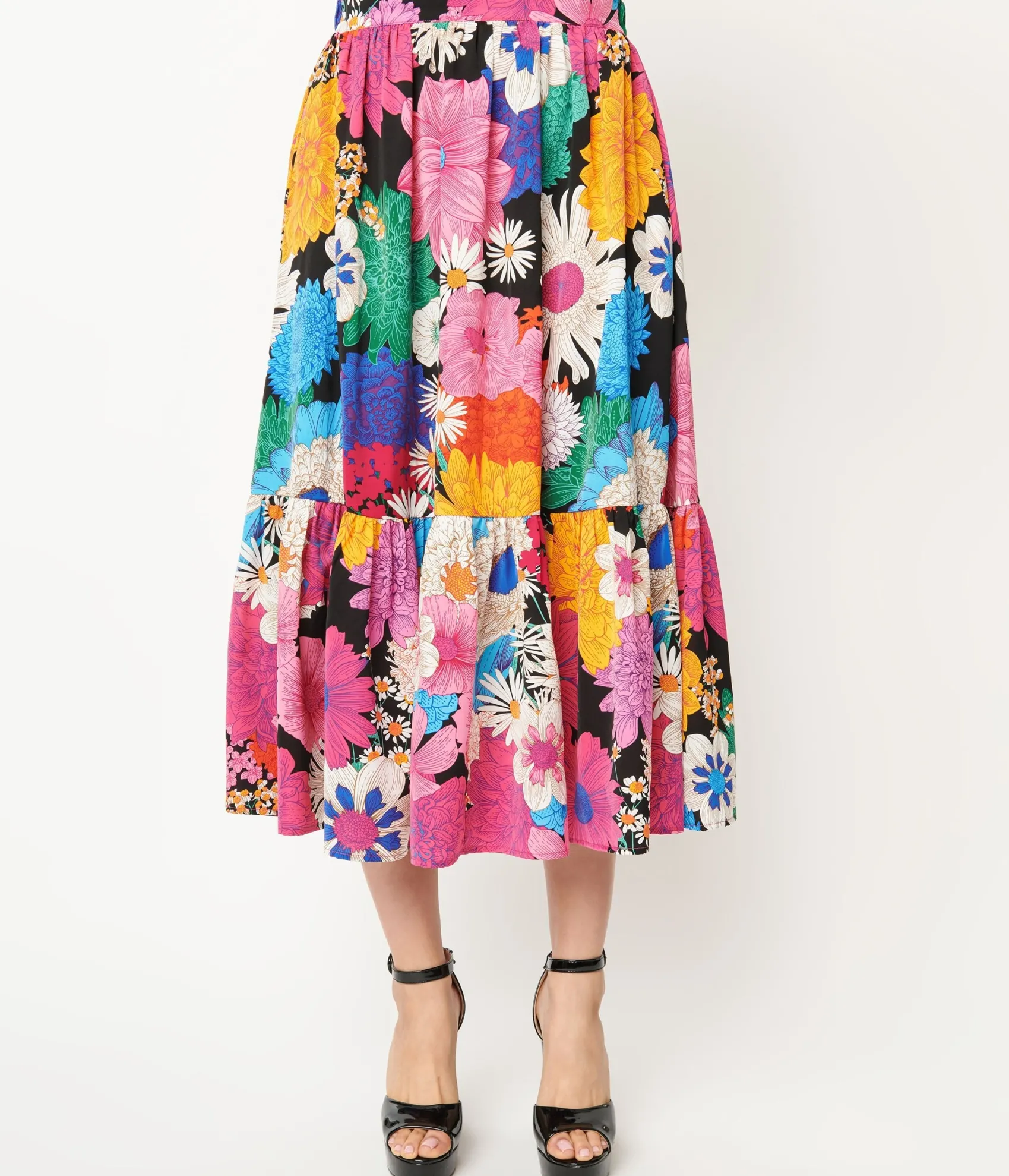 Unique Vintage 1970s Black & Rainbow Floral Midi Skirt