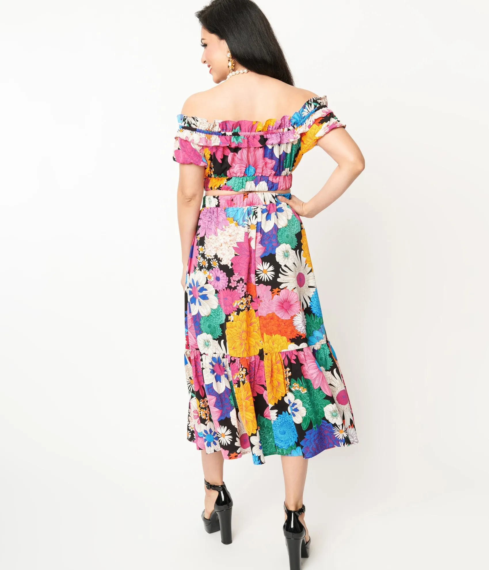 Unique Vintage 1970s Black & Rainbow Floral Midi Skirt