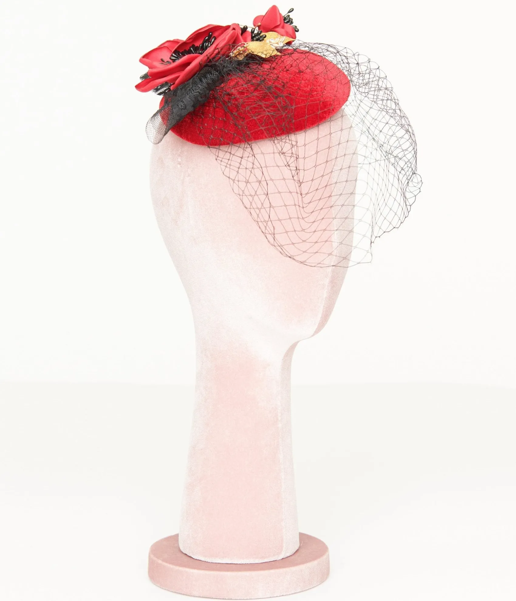 Unique Vintage 1950s Black & Red Floral Fascinator Hat