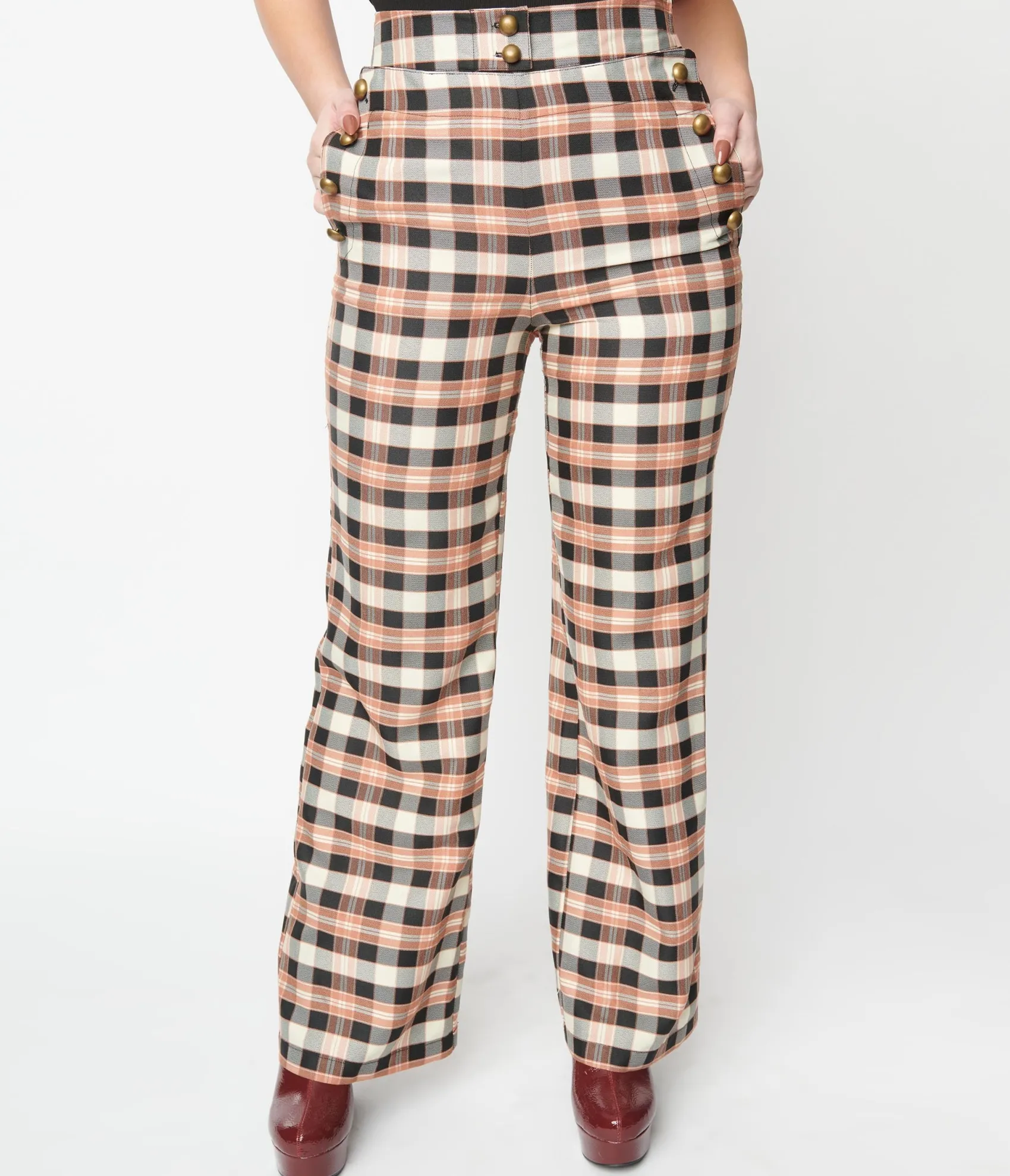Unique Vintage 1940s Black & Tan Plaid Sailor Pants