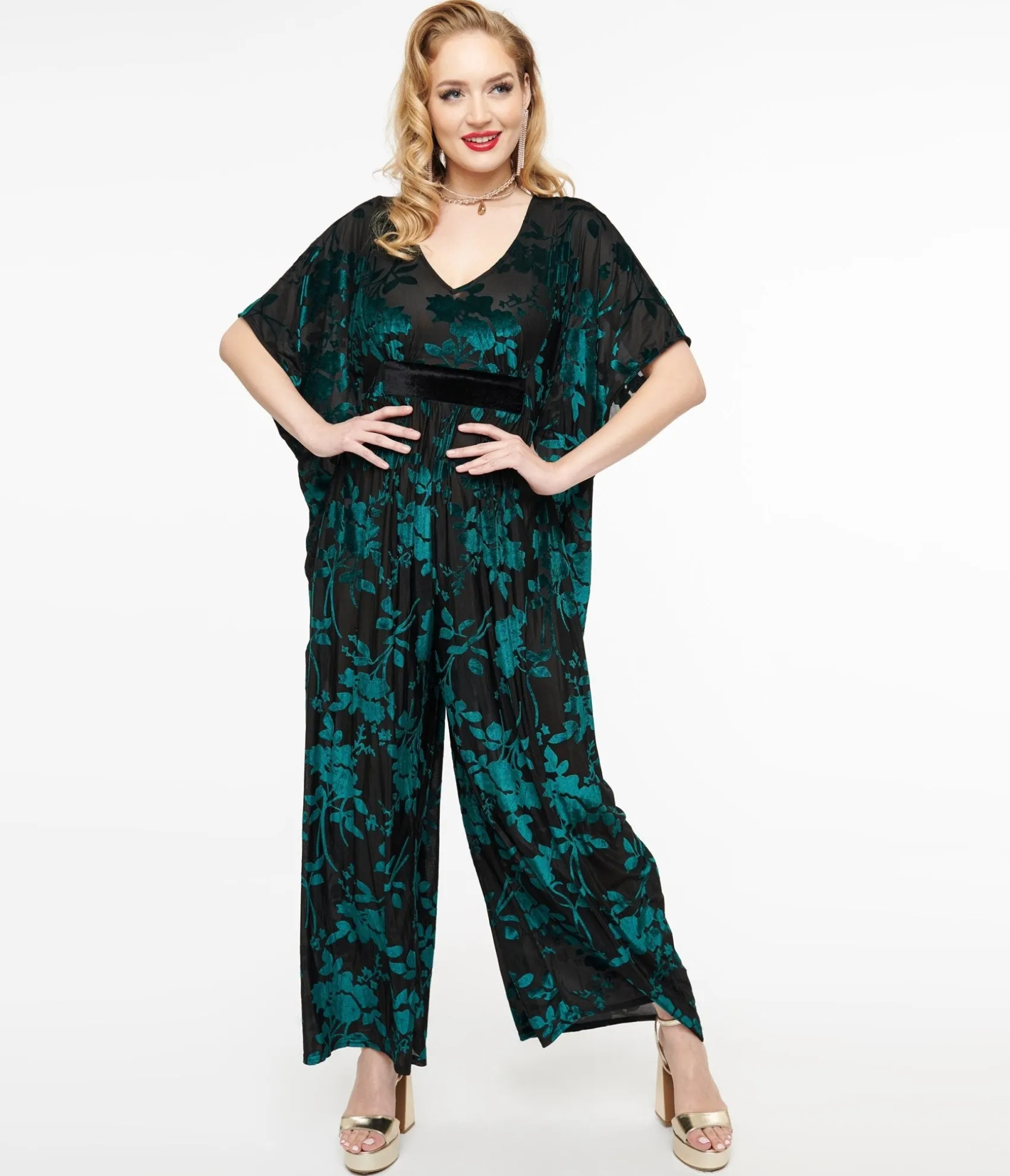 Unique Vintage 1970s Black & Teal Velvet Floral Burnout Caftan Jumpsuit