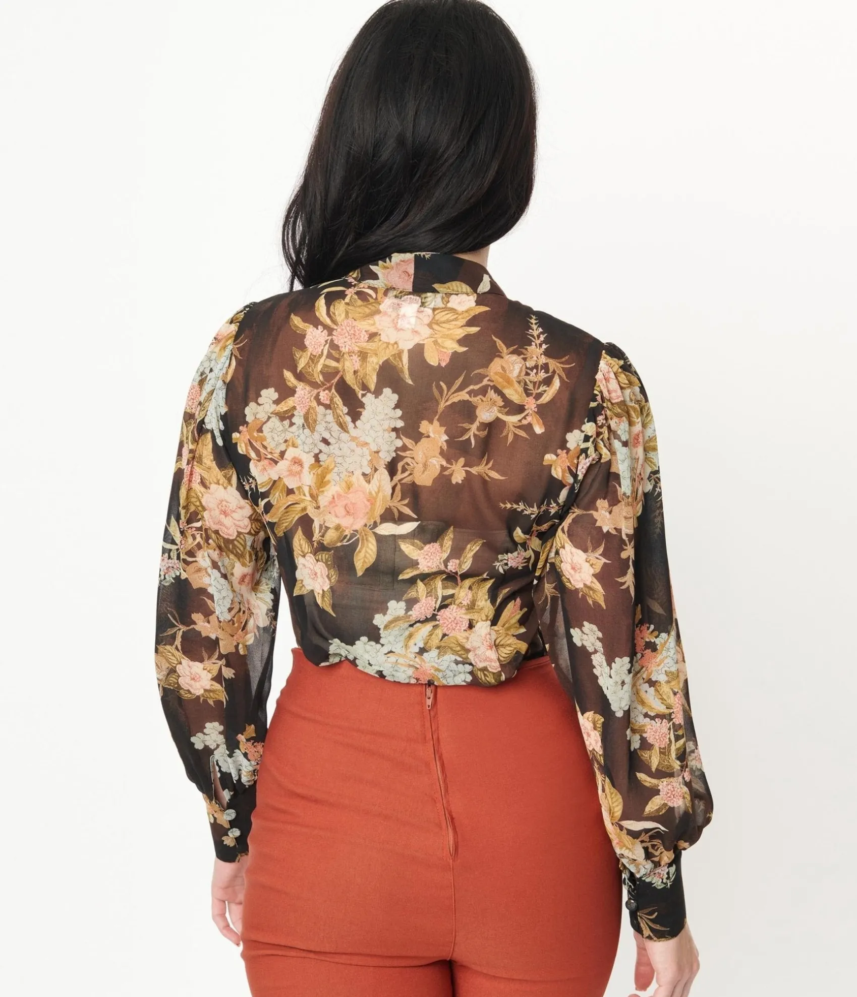 Unique Vintage 1930s Black & Vintage Floral Bouquet Print Gwen Blouse