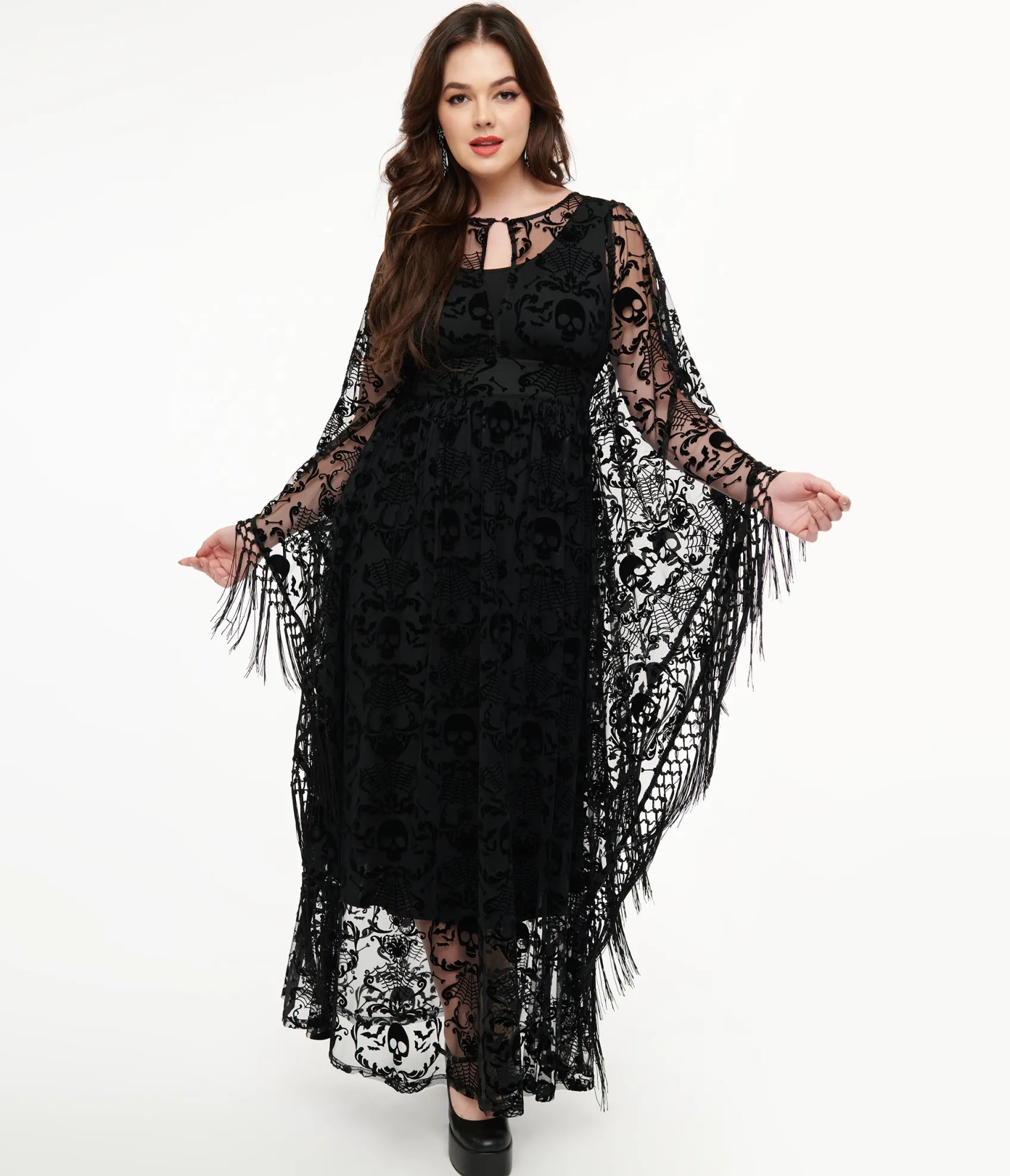 Unique Vintage 1960s Black Baroque Skull Burnout Fringe Flutter Sleeve Caftan