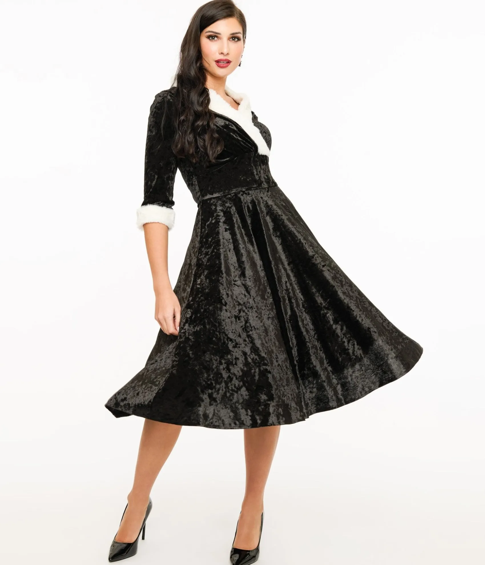Unique Vintage 1950s Black Crushed Velvet & White Fur Delores Swing Dress