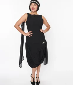 Unique Vintage 1920s Black Draped Flapper Dress
