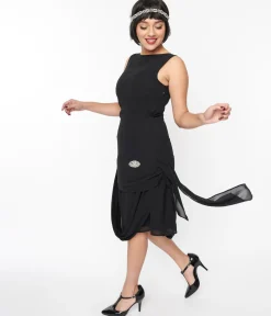 Unique Vintage 1920s Black Draped Flapper Dress