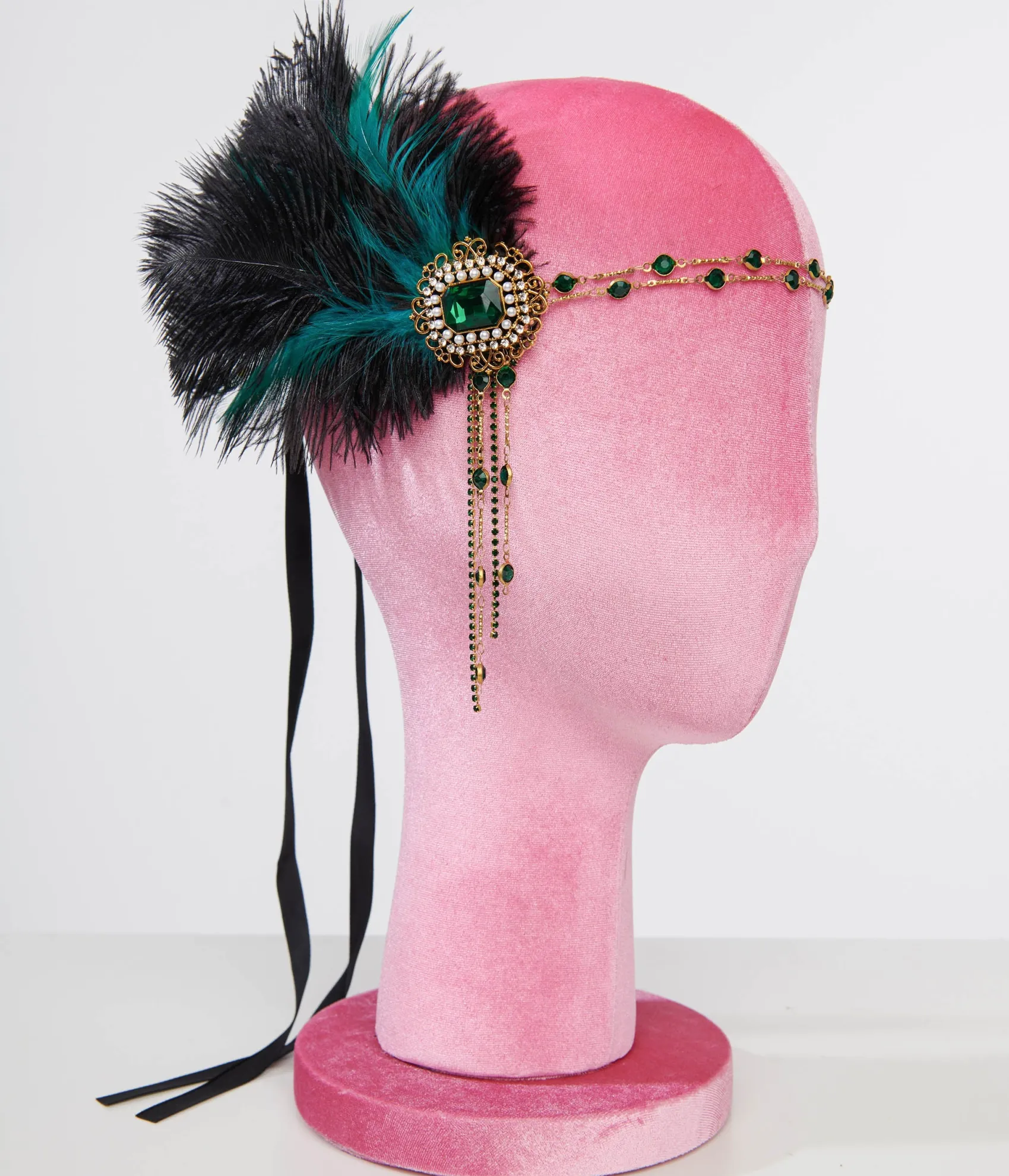 Unique Vintage 1920s Black Feather & Emerald Rhinestone Headband
