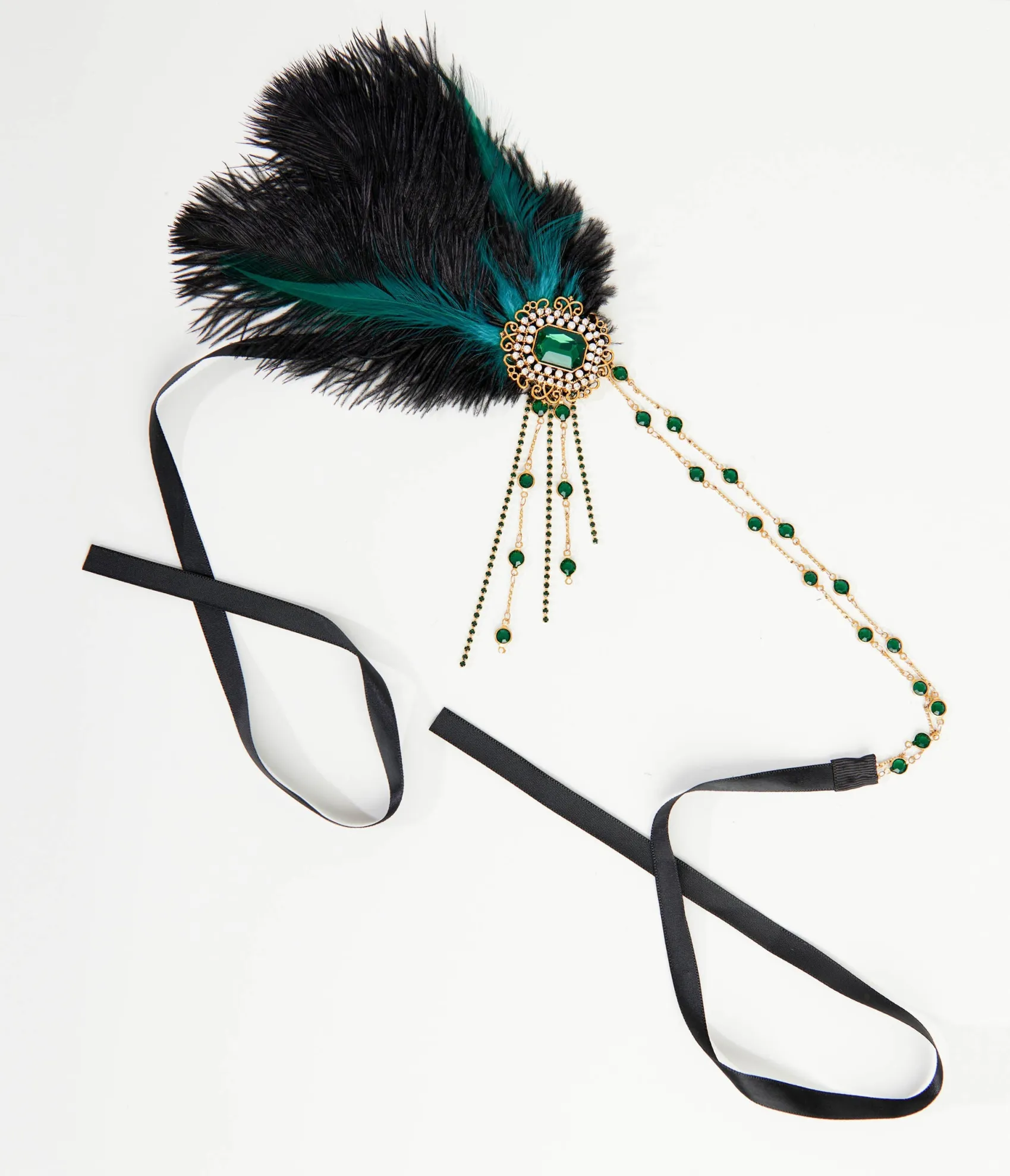 Unique Vintage 1920s Black Feather & Emerald Rhinestone Headband