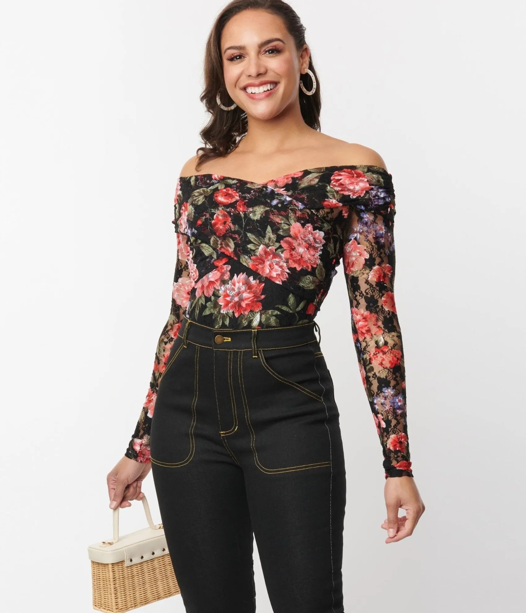 Unique Vintage 1940s Black Floral Lace Saturday Night Bodysuit