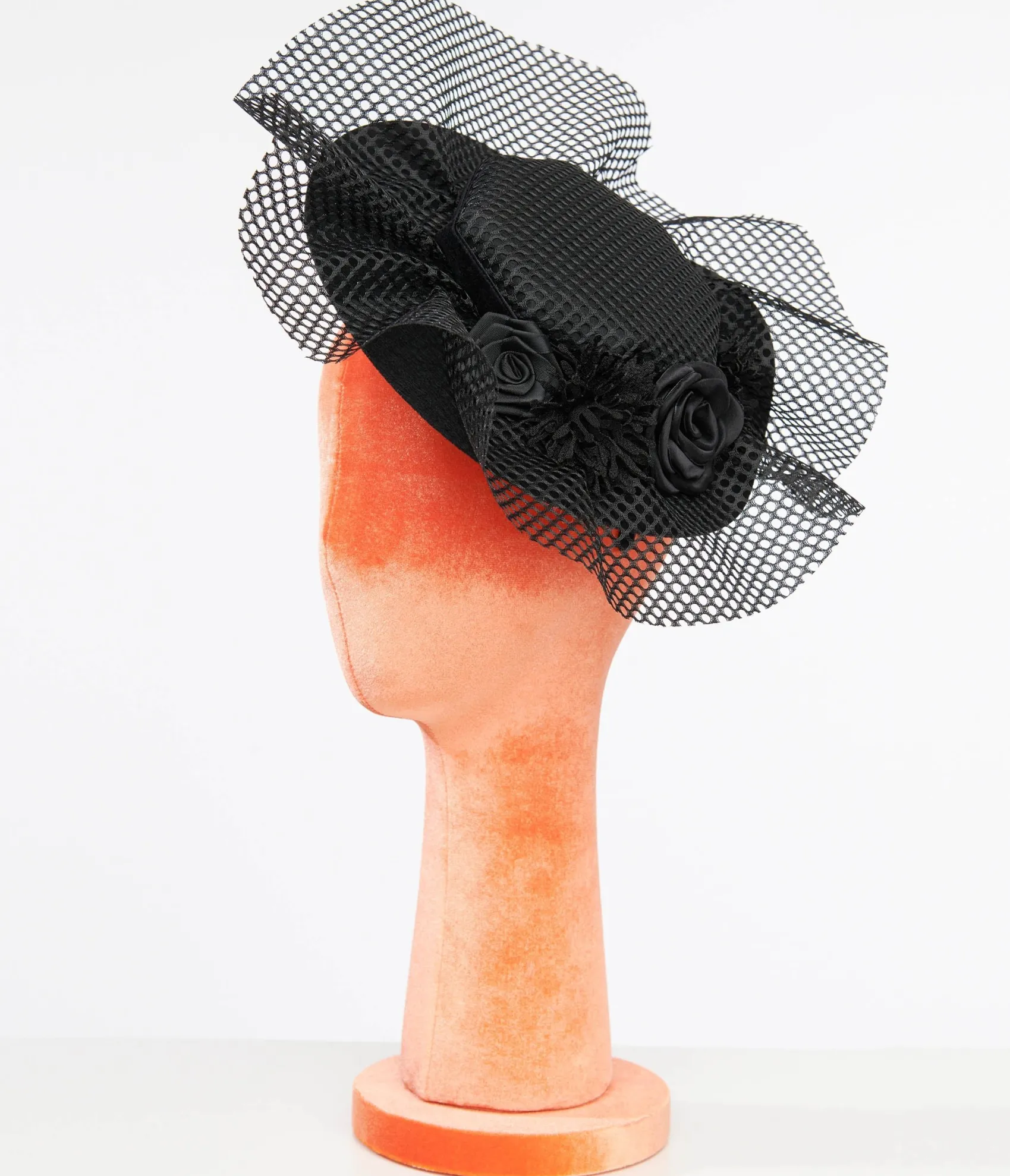 Unique Vintage 1930s Black Floral & Mesh Fascinator