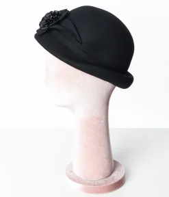 Unique Vintage 1920s Black Floral Cloche Hat
