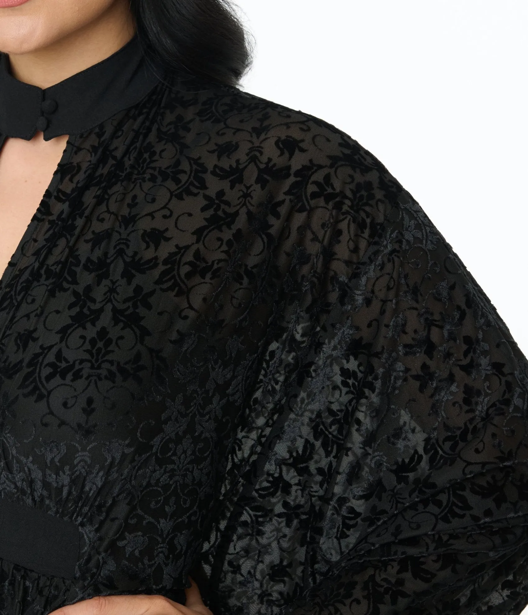 Unique Vintage 1970s Black Floral Burnout Mesh High Neck Caftan