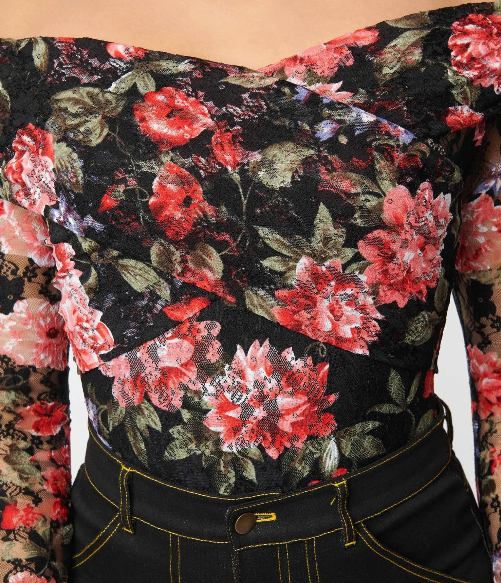 Unique Vintage 1940s Black Floral Lace Saturday Night Bodysuit