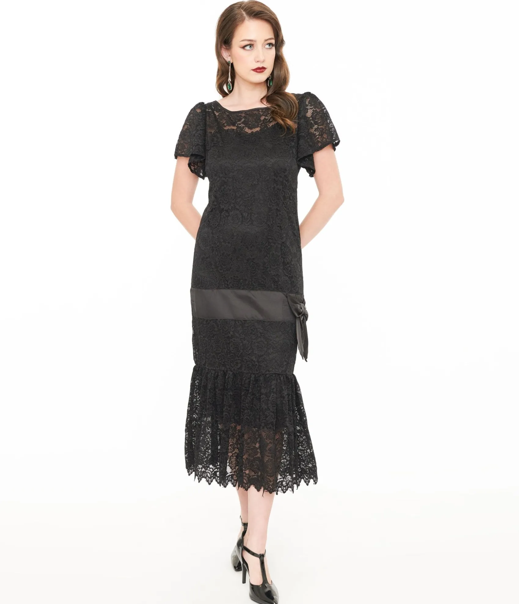 Unique Vintage 1920s Black Floral Lace & Bow Flapper Dress