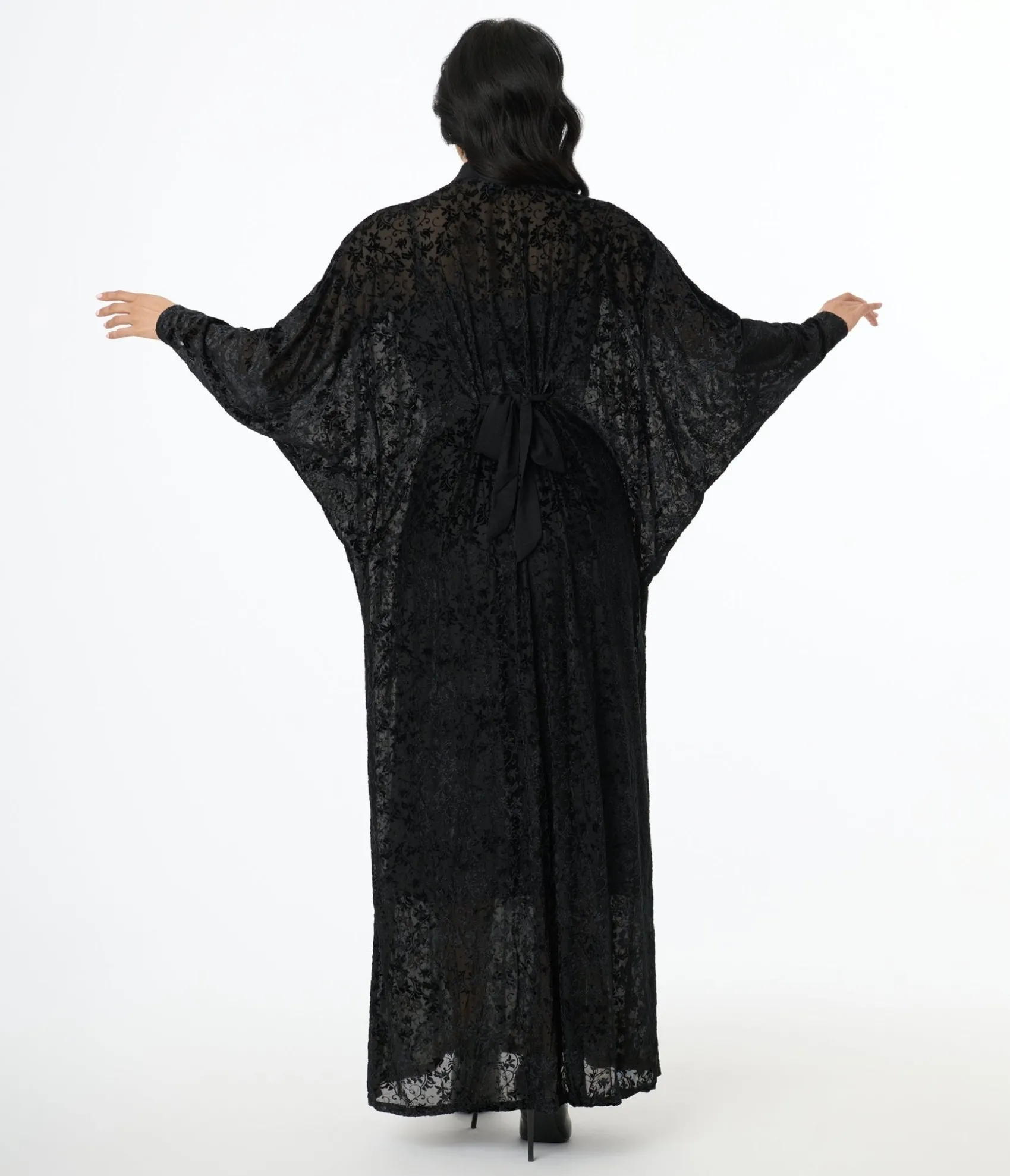 Unique Vintage 1970s Black Floral Burnout Mesh High Neck Caftan