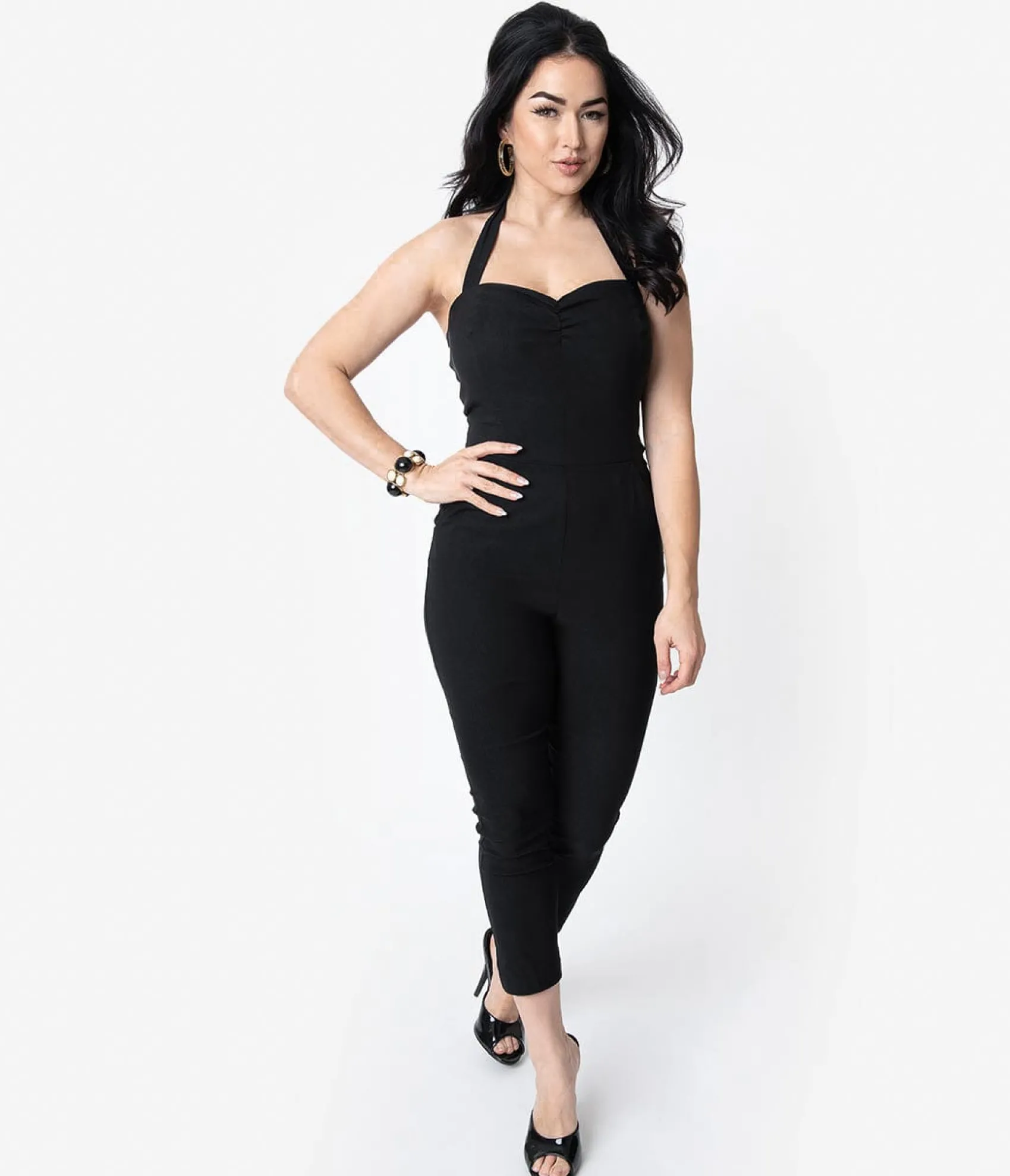 Unique Vintage 1950s Black Halter Marcel Jumpsuit